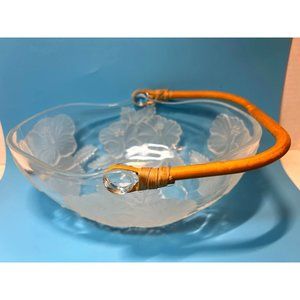 Vetreria Etrusca Hawaiian Hibiscus Straw Handle Etched Glass Basket Italy Bowl